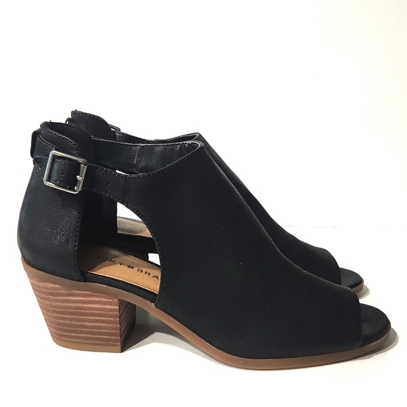 NEW Lucky Brand Barimo Black Leather Wood Block Open Toe Heels Women's 9 - Picture 4 of 13